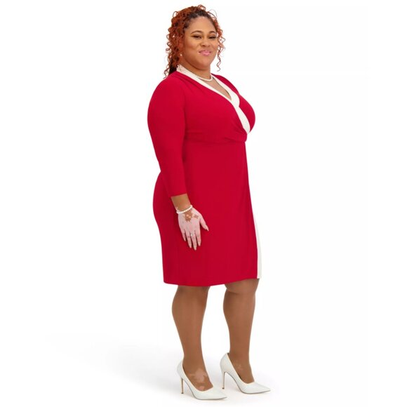 NWT Kasper Red White City Wrap V-Neck Long Sleeve Dress 2X - Picture 3 of 14